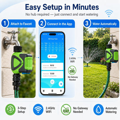 Smart WiFi Hose Timer No Hub Required, App-Controlled Sprinkler Timer for Garden Hose, Automatic Watering Timer for Lawn Yard Greenhouse, Rain Delay, 3/4 Inch Faucet, IP65 Waterproof