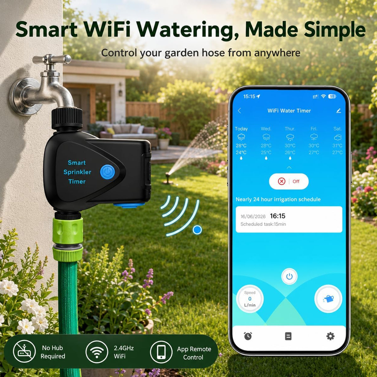 Smart WiFi Hose Timer No Hub Required, App-Controlled Sprinkler Timer for Garden Hose, Automatic Watering Timer for Lawn Yard Greenhouse, Rain Delay, 3/4 Inch Faucet, IP65 Waterproof