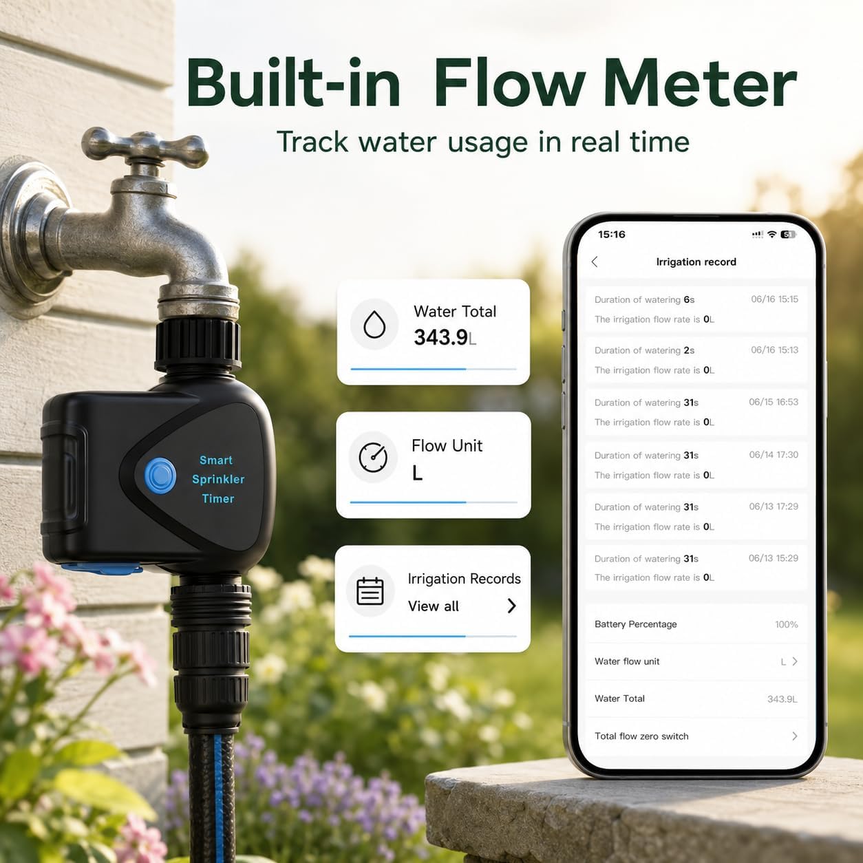 Smart WiFi Hose Timer No Hub Required, App-Controlled Sprinkler Timer for Garden Hose, Automatic Watering Timer for Lawn Yard Greenhouse, Rain Delay, 3/4 Inch Faucet, IP65 Waterproof