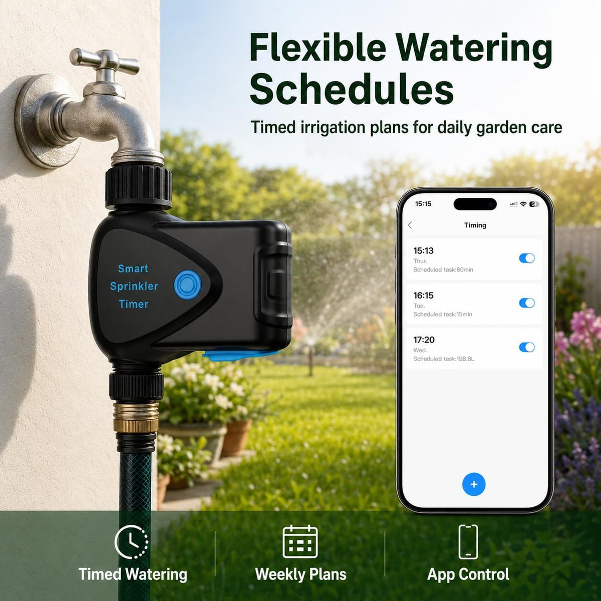 Smart WiFi Hose Timer No Hub Required, App-Controlled Sprinkler Timer for Garden Hose, Automatic Watering Timer for Lawn Yard Greenhouse, Rain Delay, 3/4 Inch Faucet, IP65 Waterproof