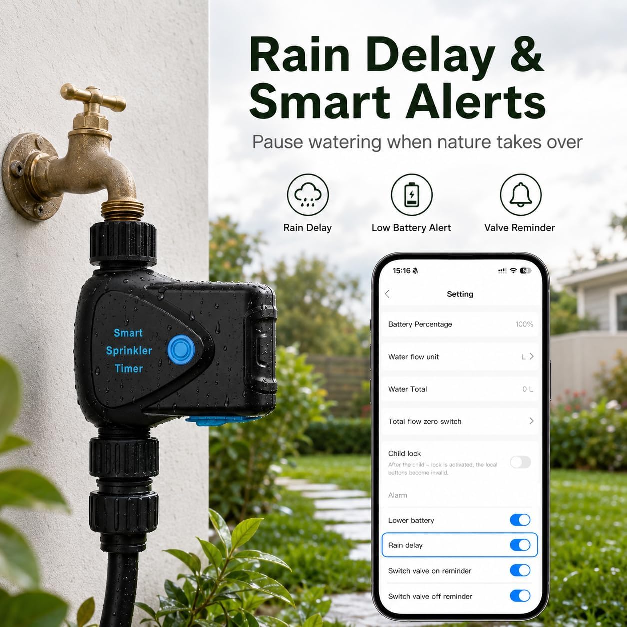 Smart WiFi Hose Timer No Hub Required, App-Controlled Sprinkler Timer for Garden Hose, Automatic Watering Timer for Lawn Yard Greenhouse, Rain Delay, 3/4 Inch Faucet, IP65 Waterproof