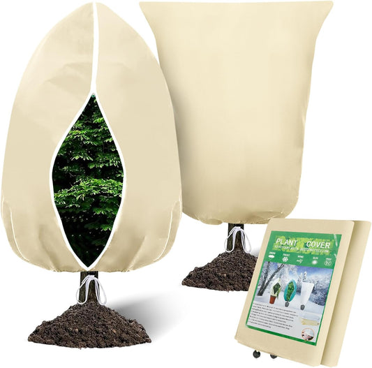 Winter Plant Covers Freeze Protection, 2 Pack Frost Covers (47.3" X 71"), with Zipper and Drawstring Reusable, 2.36 oz/yd² Frost Blankets for Outdoor Plants, for Potted Shrubs Fruit Trees