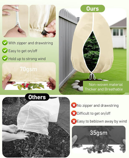 Winter Plant Covers Freeze Protection, 2 Pack Frost Covers (47.3" X 71"), with Zipper and Drawstring Reusable, 2.36 oz/yd² Frost Blankets for Outdoor Plants, for Potted Shrubs Fruit Trees
