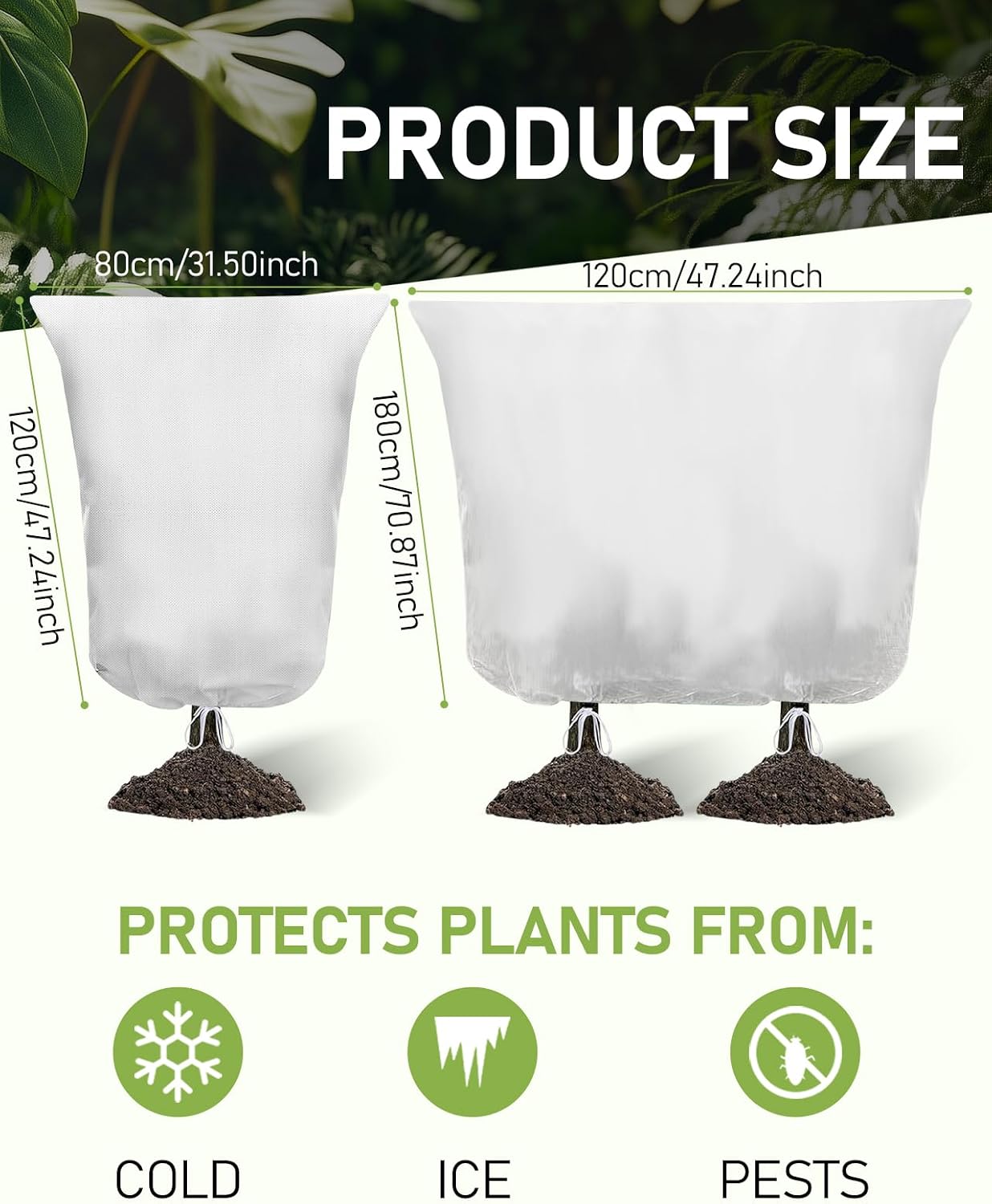 Winter Plant Covers Freeze Protection, 2 Pack Frost Covers (47.3" X 71"), with Zipper and Drawstring Reusable, 2.36 oz/yd² Frost Blankets for Outdoor Plants, for Potted Shrubs Fruit Trees