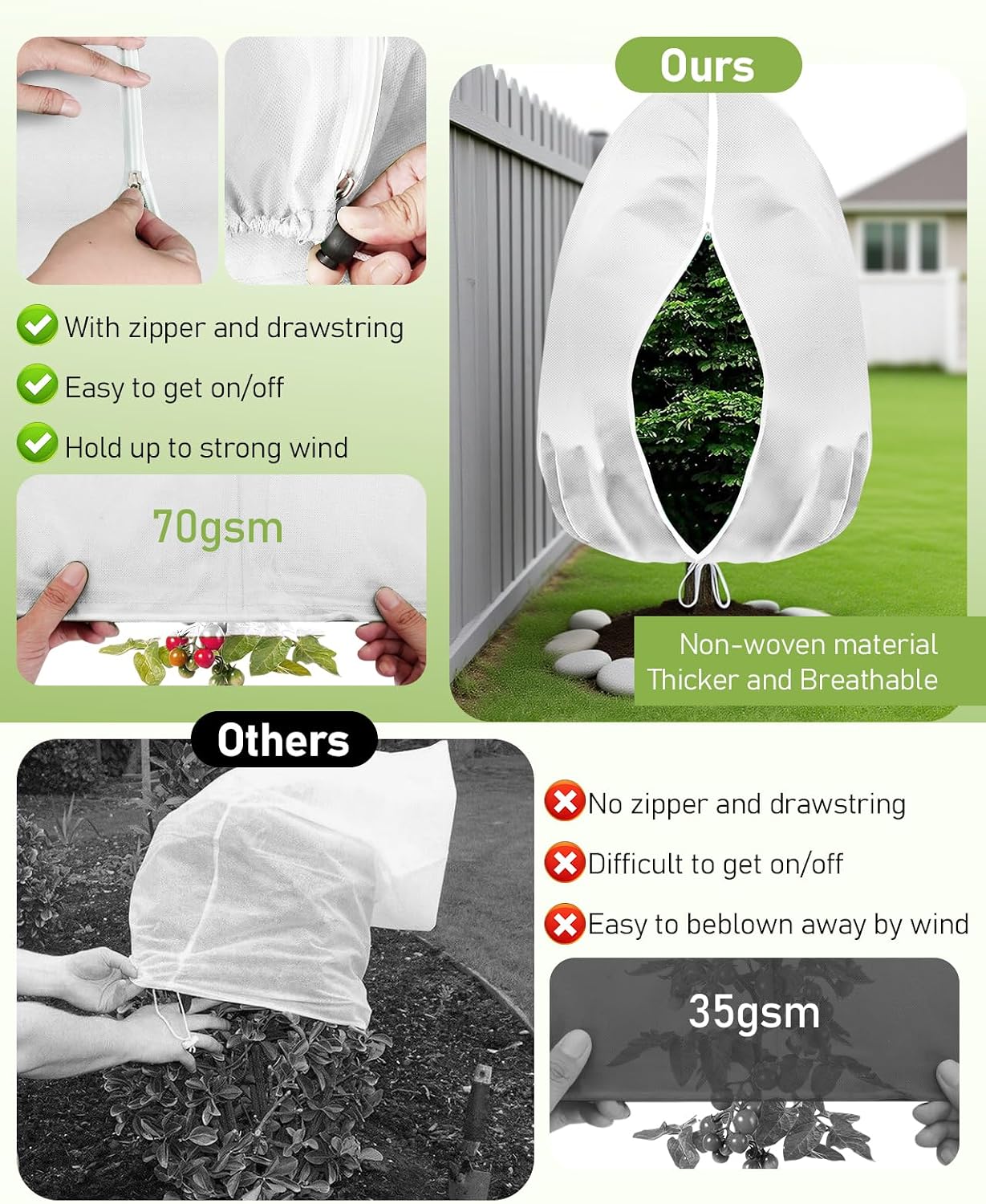 Winter Plant Covers Freeze Protection, 2 Pack Frost Covers (47.3" X 71"), with Zipper and Drawstring Reusable, 2.36 oz/yd² Frost Blankets for Outdoor Plants, for Potted Shrubs Fruit Trees