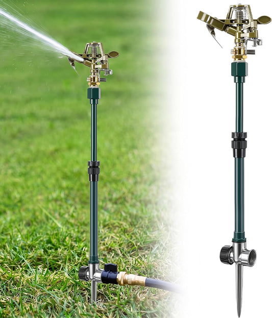 Impact Pulsating Sprinkler with 16-30" Adjustable Aluminum Sprinkler Riser, Heavy Duty Water Sprinklers Head with Aluminum Alloy Spike Base, Pulsating Sprinklers for Large Area Lawn Patio Garden