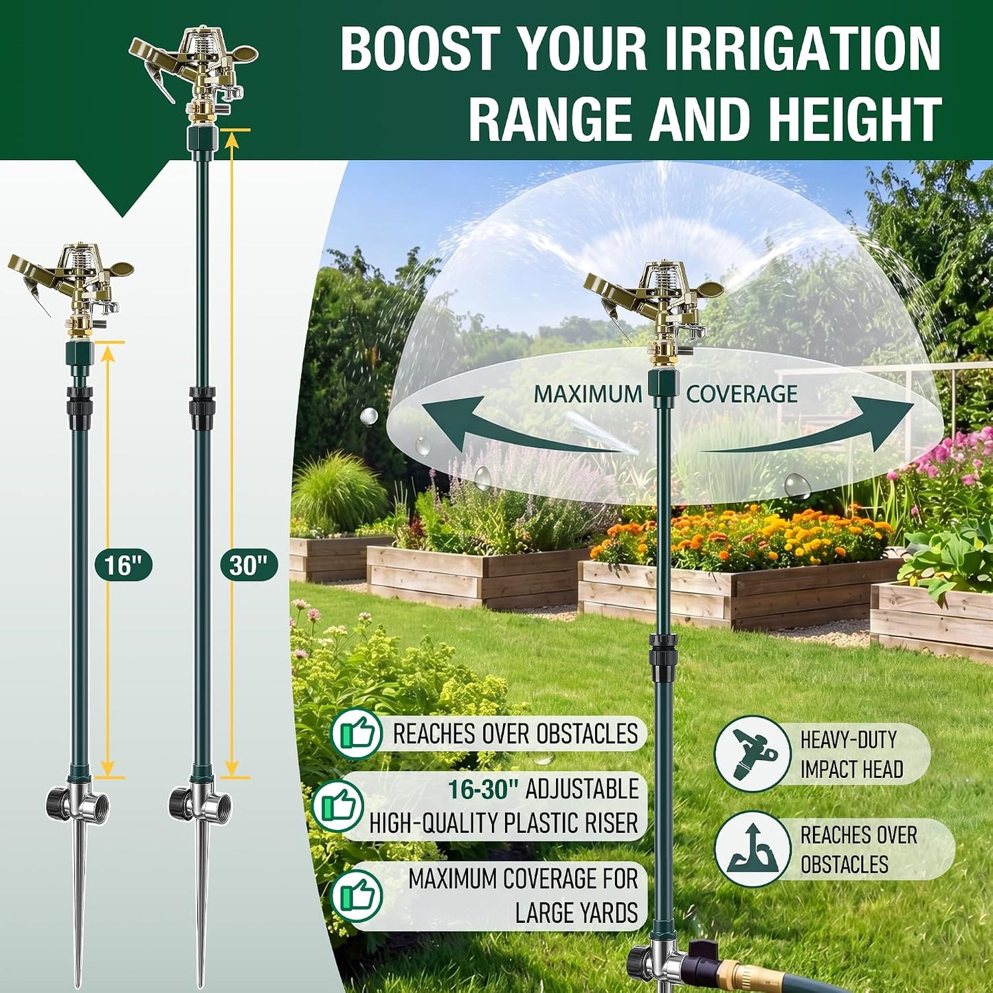 Impact Pulsating Sprinkler with 16-30" Adjustable Aluminum Sprinkler Riser, Heavy Duty Water Sprinklers Head with Aluminum Alloy Spike Base, Pulsating Sprinklers for Large Area Lawn Patio Garden