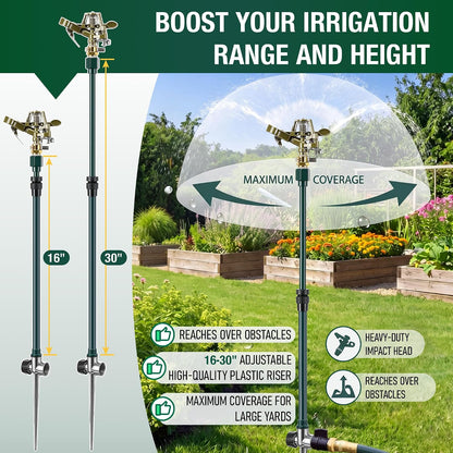 Impact Pulsating Sprinkler with 16-30" Adjustable Aluminum Sprinkler Riser, Heavy Duty Water Sprinklers Head with Aluminum Alloy Spike Base, Pulsating Sprinklers for Large Area Lawn Patio Garden