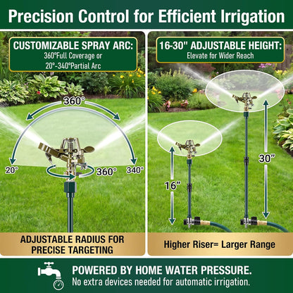 Impact Pulsating Sprinkler with 16-30" Adjustable Aluminum Sprinkler Riser, Heavy Duty Water Sprinklers Head with Aluminum Alloy Spike Base, Pulsating Sprinklers for Large Area Lawn Patio Garden