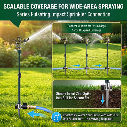 Impact Pulsating Sprinkler with 16-30" Adjustable Aluminum Sprinkler Riser, Heavy Duty Water Sprinklers Head with Aluminum Alloy Spike Base, Pulsating Sprinklers for Large Area Lawn Patio Garden