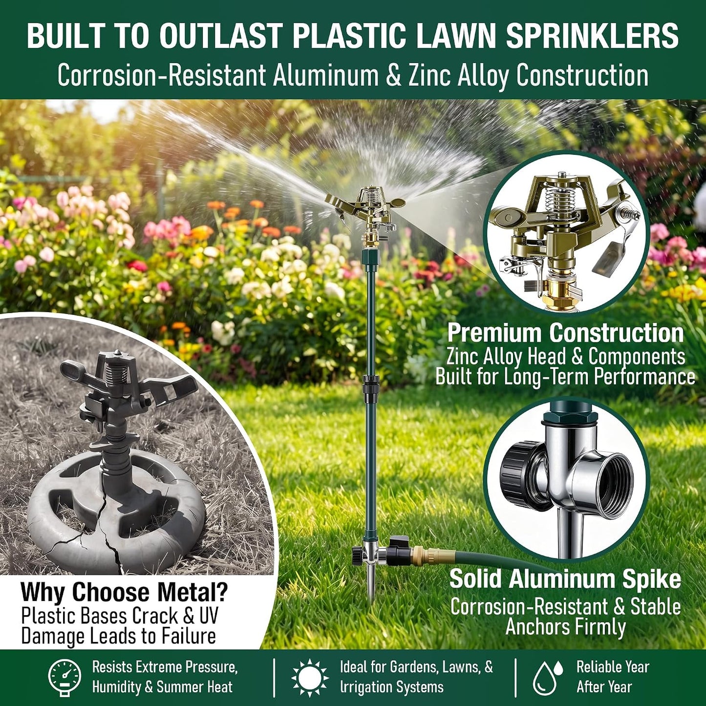 Impact Pulsating Sprinkler with 16-30" Adjustable Aluminum Sprinkler Riser, Heavy Duty Water Sprinklers Head with Aluminum Alloy Spike Base, Pulsating Sprinklers for Large Area Lawn Patio Garden