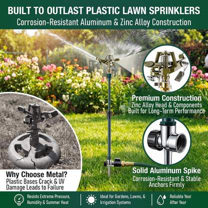 Impact Pulsating Sprinkler with 16-30" Adjustable Aluminum Sprinkler Riser, Heavy Duty Water Sprinklers Head with Aluminum Alloy Spike Base, Pulsating Sprinklers for Large Area Lawn Patio Garden