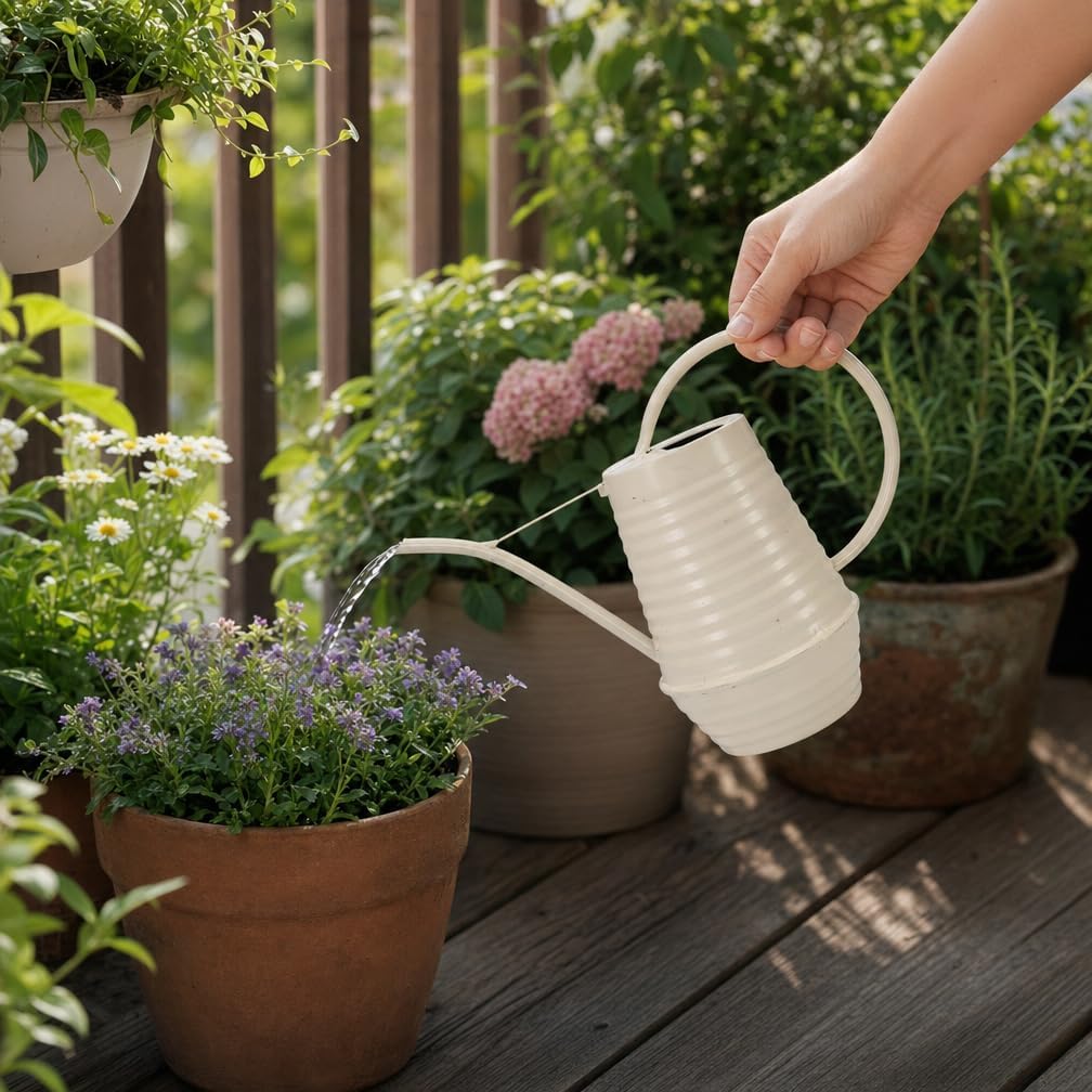 Small Watering Can, Matte Cream White, 34oz., Metal Watering Can with Long Spout, Nice Indoor Water Can, Plant Water Can for Indoor Plants