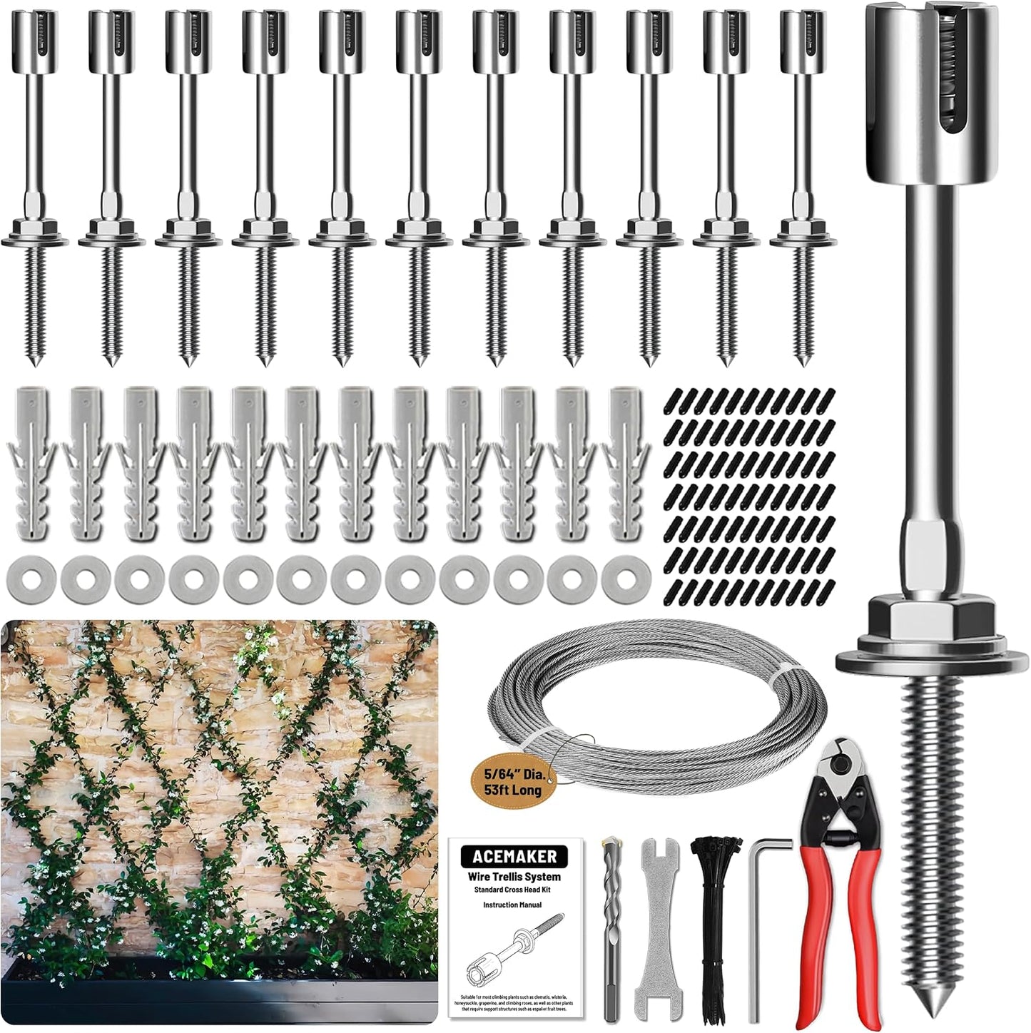 Wire Trellis Kit, 20-Set 5/64” (2mm) Crosshead Kit with 98ft Cable