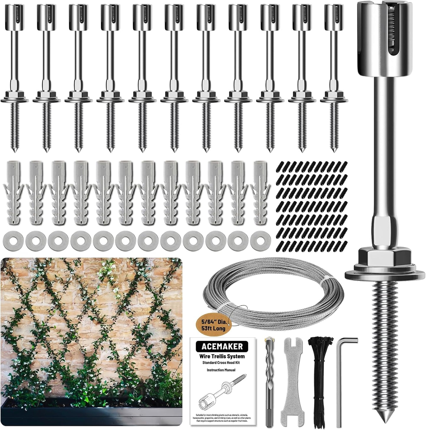 Wire Trellis Kit, 20-Set 5/64” (2mm) Crosshead Kit with 98ft Cable
