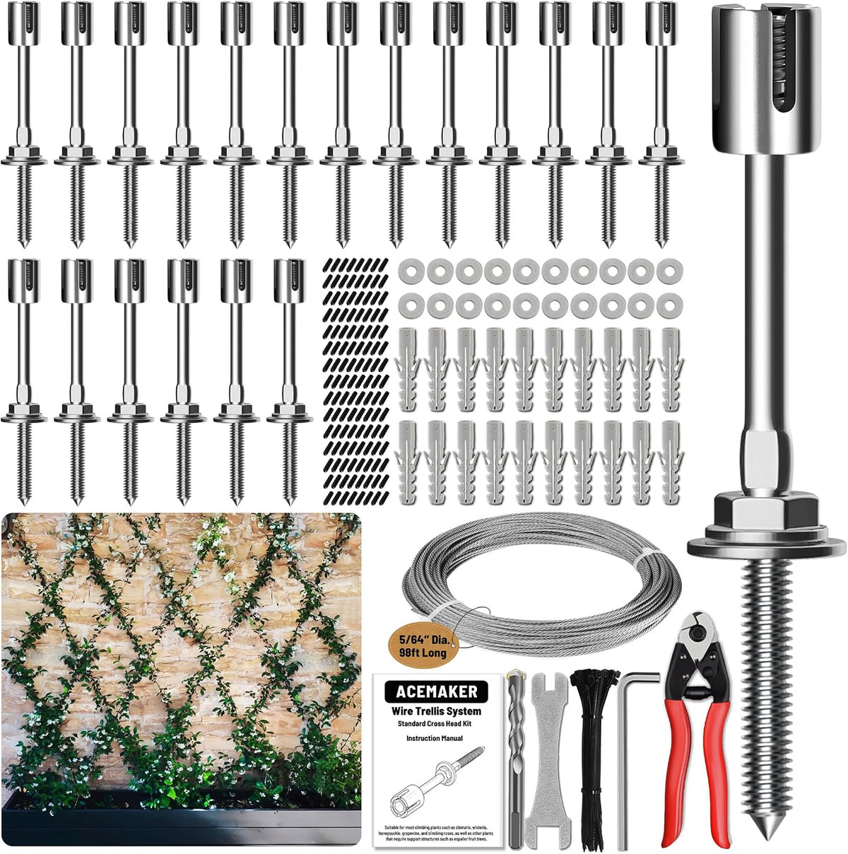 Wire Trellis Kit, 20-Set 5/64” (2mm) Crosshead Kit with 98ft Cable