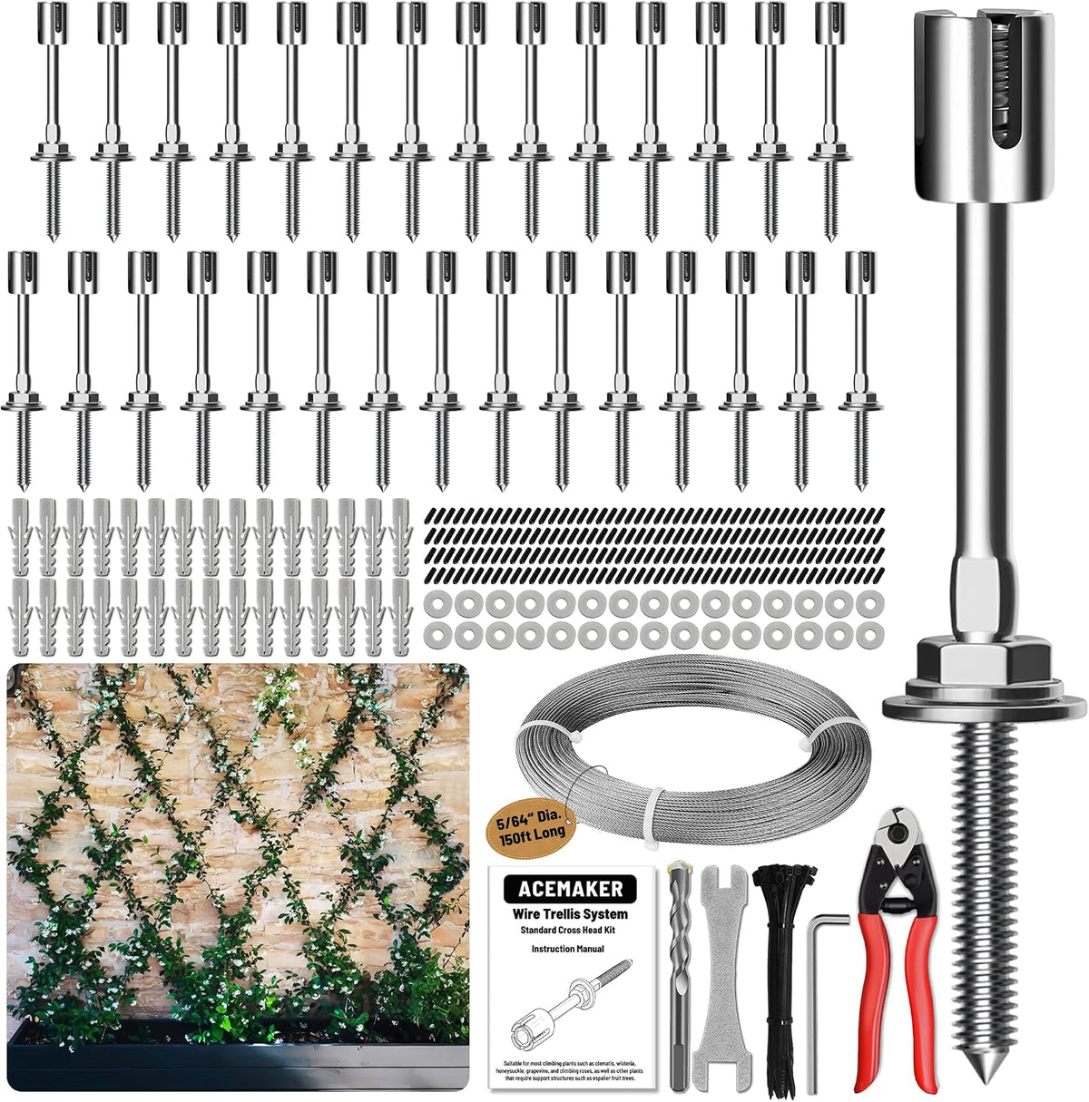 Wire Trellis Kit, 20-Set 5/64” (2mm) Crosshead Kit with 98ft Cable