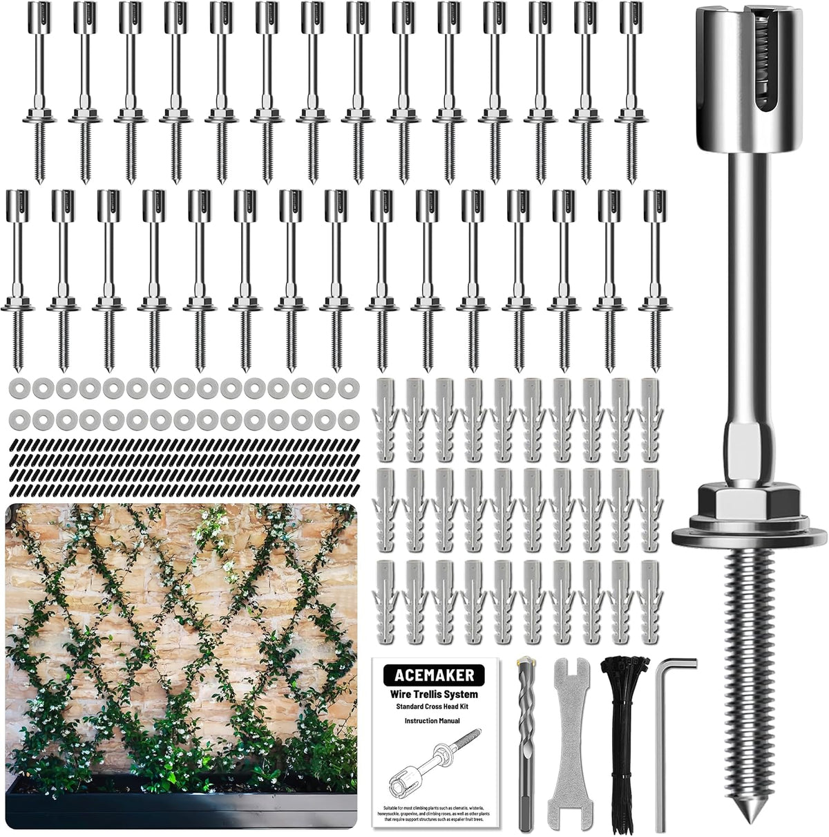 Wire Trellis Kit, 20-Set 5/64” (2mm) Crosshead Kit with 98ft Cable