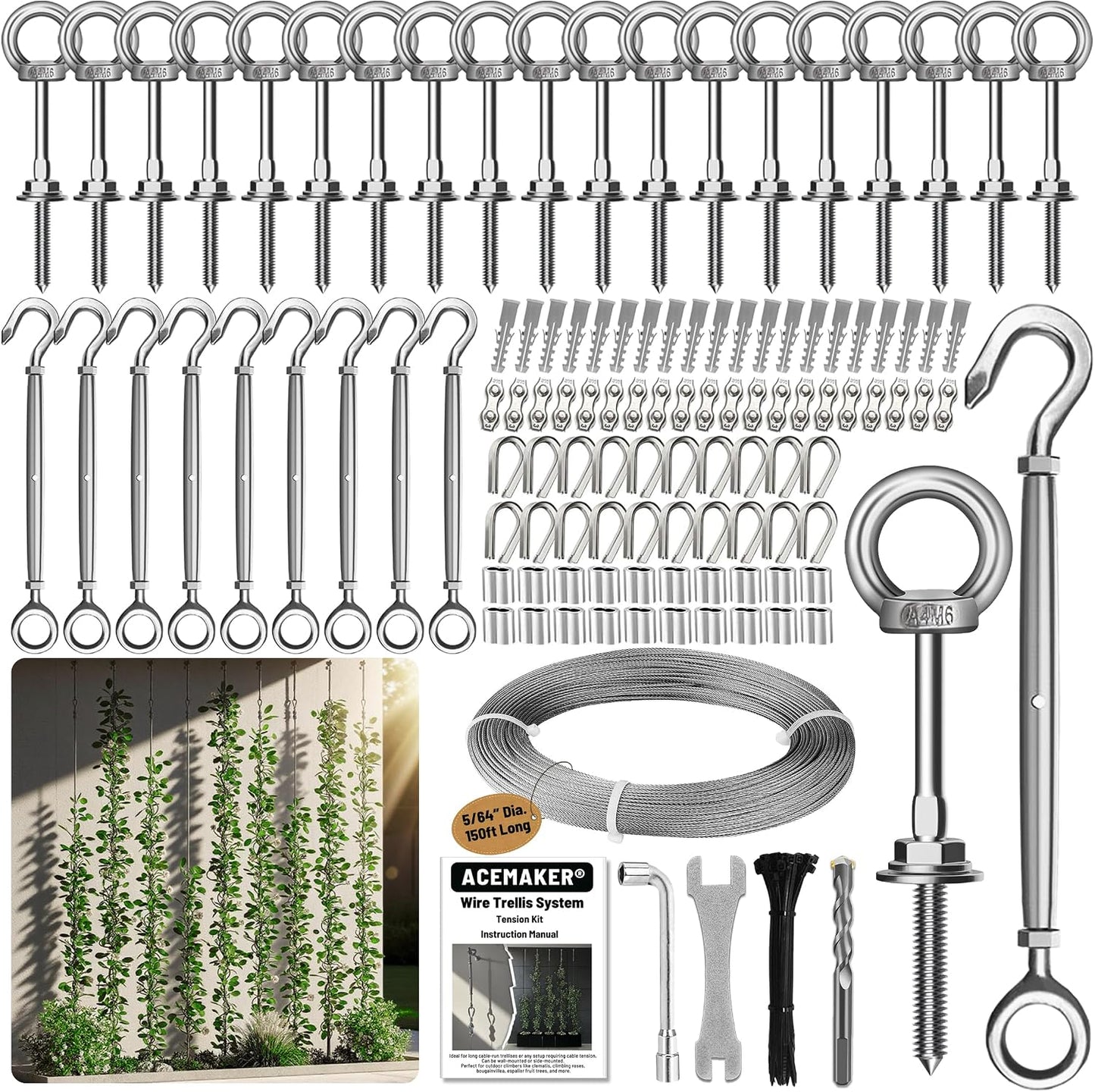 Wire Trellis Kit, 20-Set 5/64” (2mm) Crosshead Kit with 98ft Cable