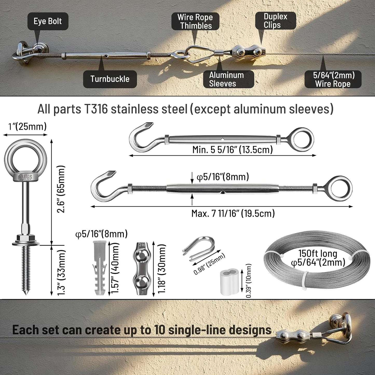 Wire Trellis Kit, 20-Set 5/64” (2mm) Crosshead Kit with 98ft Cable