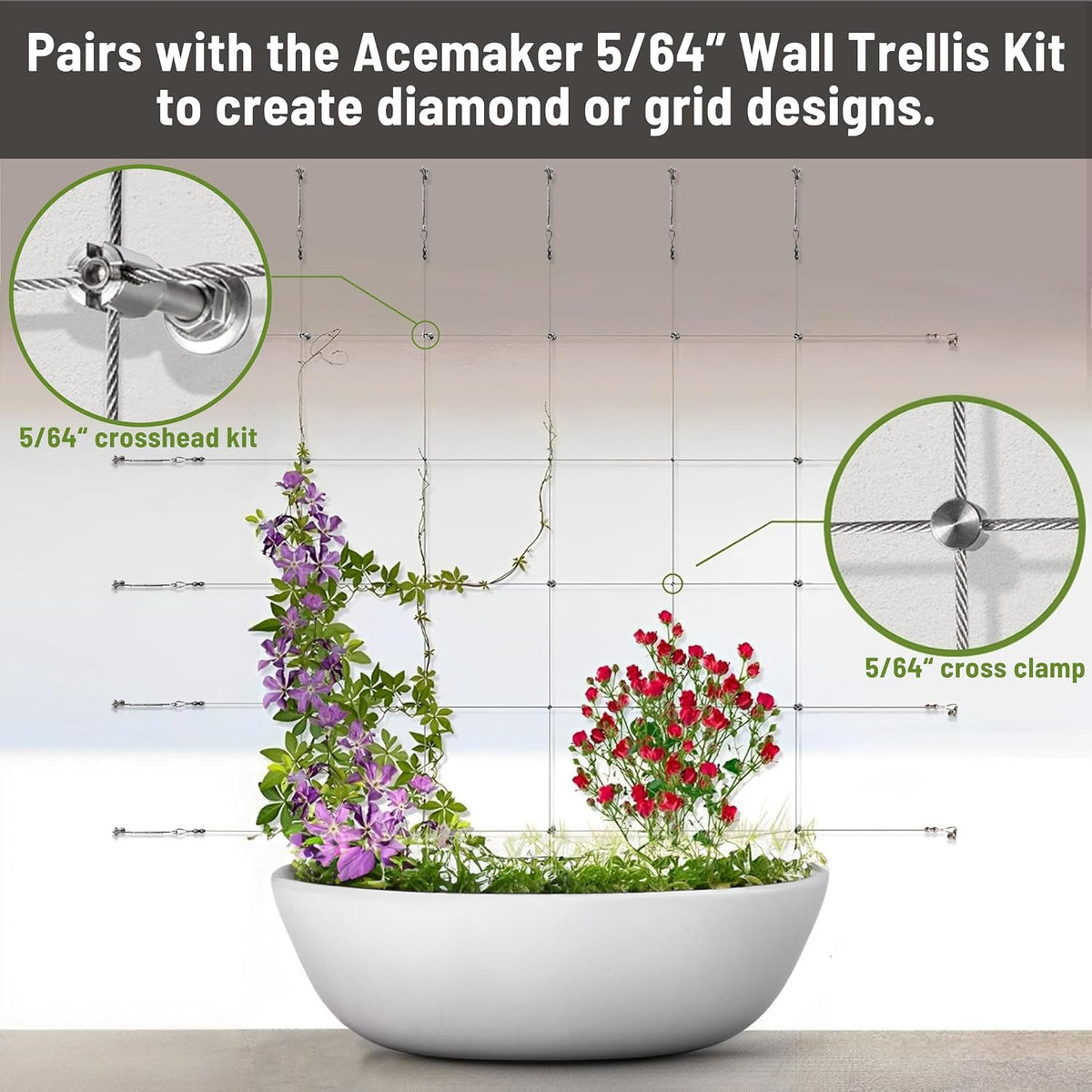 Wire Trellis Kit, 20-Set 5/64” (2mm) Crosshead Kit with 98ft Cable