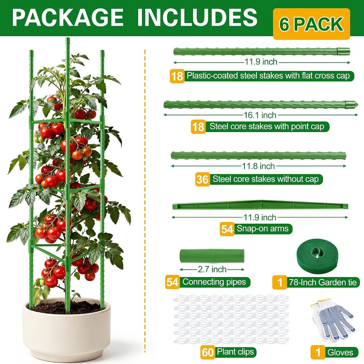 6 Pack Tomato Cages for Garden, Up to 51 Inch Tomato Trellis for Raised Garden Bed, Plant Stakes for Pots, Durable Tomato Plant Support Garden Stakes for Climbing Plants