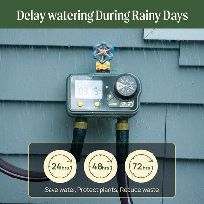 Vego 2 Zone Sprinkler Timer with Brass Inlet- Watering Timer for Garden Hose with Dual Channel Programmable Rain Delay/Manual Watering/Automatic Irrigation - Water Hose Timer for Yard Lawn