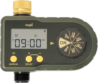 Vego 2 Zone Sprinkler Timer with Brass Inlet- Watering Timer for Garden Hose with Dual Channel Programmable Rain Delay/Manual Watering/Automatic Irrigation - Water Hose Timer for Yard Lawn