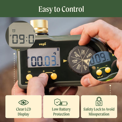 Vego 2 Zone Sprinkler Timer with Brass Inlet- Watering Timer for Garden Hose with Dual Channel Programmable Rain Delay/Manual Watering/Automatic Irrigation - Water Hose Timer for Yard Lawn