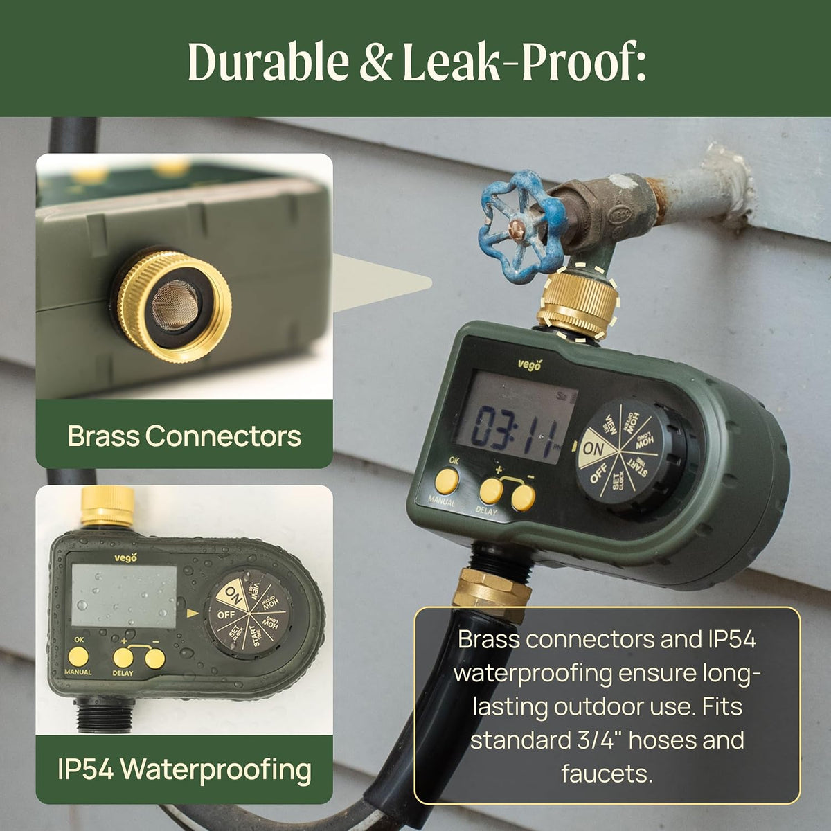 Vego 2 Zone Sprinkler Timer with Brass Inlet- Watering Timer for Garden Hose with Dual Channel Programmable Rain Delay/Manual Watering/Automatic Irrigation - Water Hose Timer for Yard Lawn