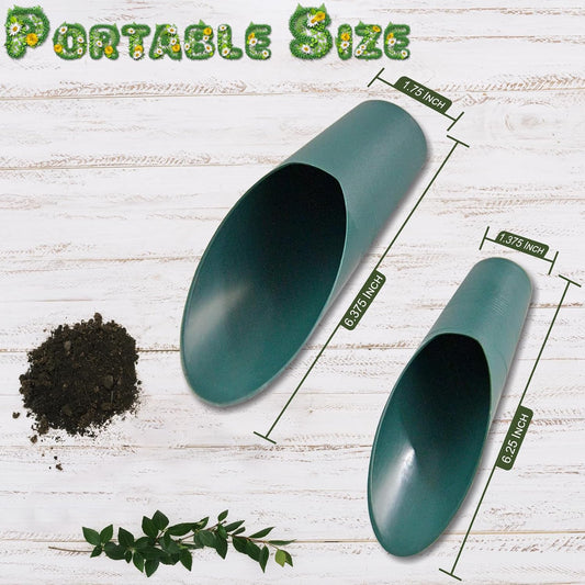 Set of 2 Soil Scoops - Mini Hand Scoops for Transplanting, Weeding, and Potting - Small Garden Scoop, Potting Scoopers, Bonsai Tool - Set of 2 Different Sizes 6½" x 2½" and 6¼" x 1¾" - Green