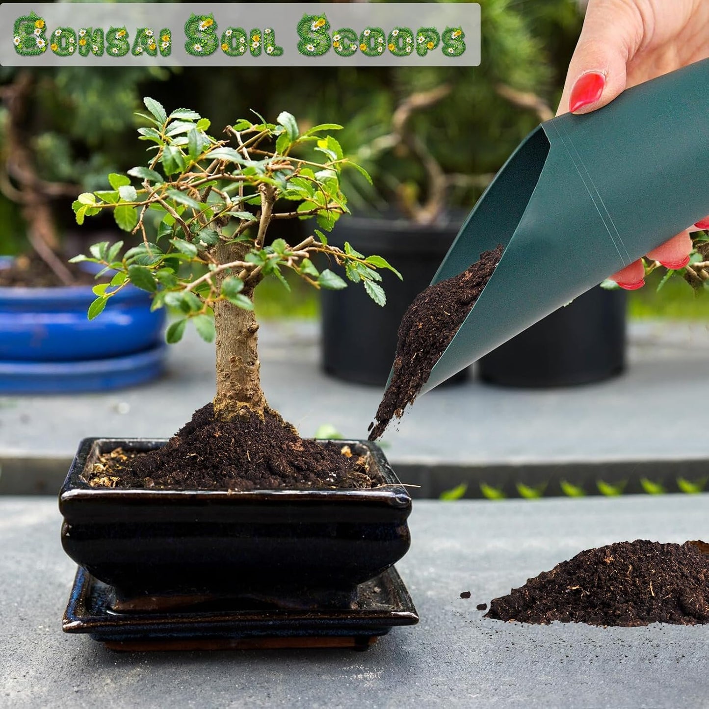 Set of 2 Soil Scoops - Mini Hand Scoops for Transplanting, Weeding, and Potting - Small Garden Scoop, Potting Scoopers, Bonsai Tool - Set of 2 Different Sizes 6½" x 2½" and 6¼" x 1¾" - Green
