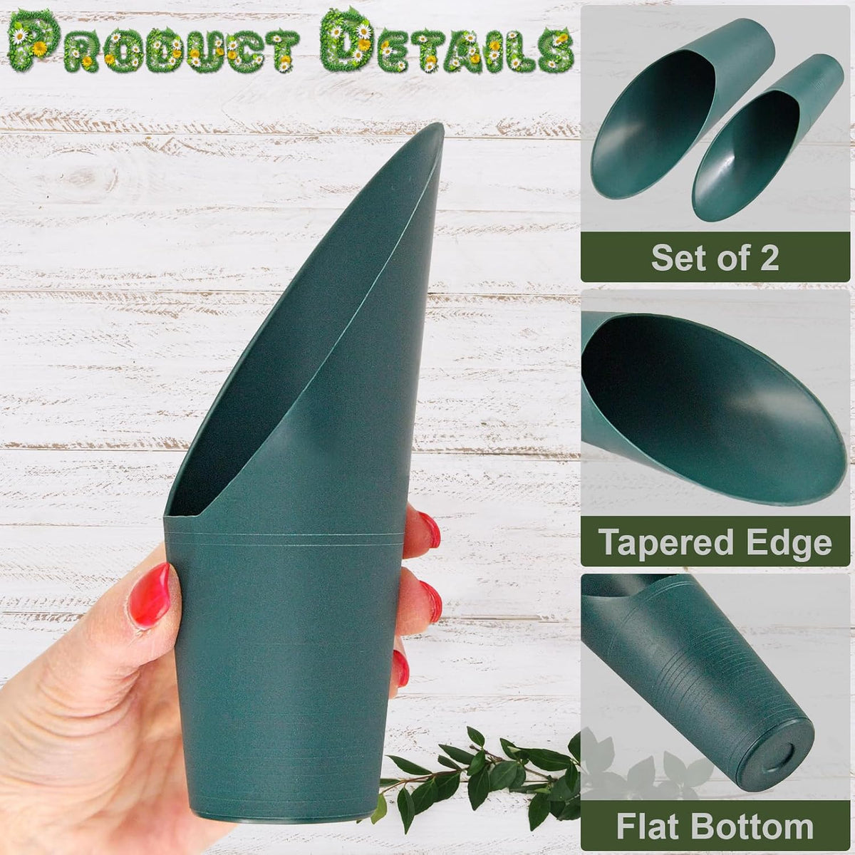Set of 2 Soil Scoops - Mini Hand Scoops for Transplanting, Weeding, and Potting - Small Garden Scoop, Potting Scoopers, Bonsai Tool - Set of 2 Different Sizes 6½" x 2½" and 6¼" x 1¾" - Green