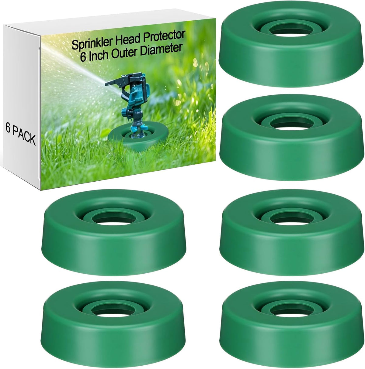6 Pcs Sprinkler Head Protector Plastic Donut Guard for Lawn 1.8" ID 6" OD Fit Most Standard Pop-up Sprinkler Heads Against Lawn Mowers & Vehicles, Green