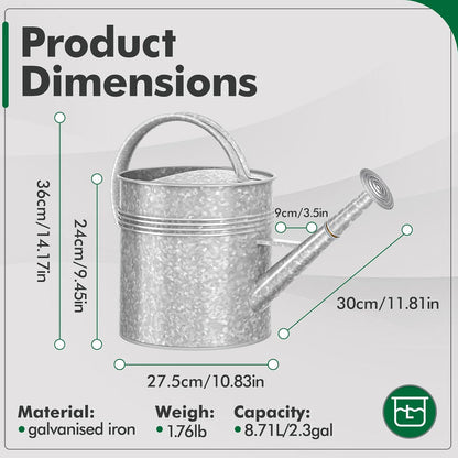 Galvanized Iron Watering Can for Indoor Plants, Oval Watering Cans for House Plant Garden Flower, Long Spout Water Can for Outdoor Watering Plants 9.46L 2.5 Gallon