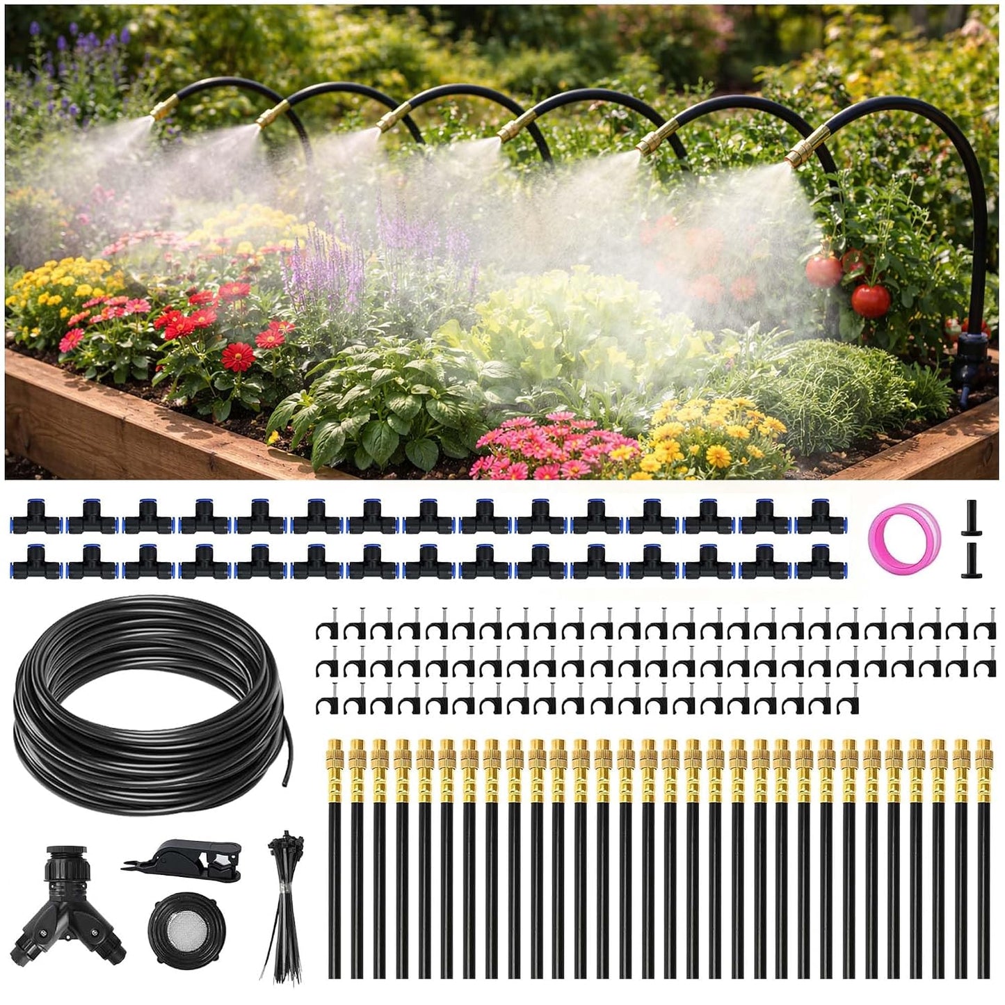 66FT Drip Irrigation System Kit Dual-Zone Garden Atomizing Watering System with 20 Copper 360° Adjustable Bendable Nozzles, Y-Splitter, Leak-Proof 1/4" Misting System for Garden Greenhouse Raised Beds