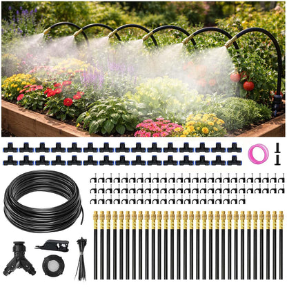 66FT Drip Irrigation System Kit Dual-Zone Garden Atomizing Watering System with 20 Copper 360° Adjustable Bendable Nozzles, Y-Splitter, Leak-Proof 1/4" Misting System for Garden Greenhouse Raised Beds