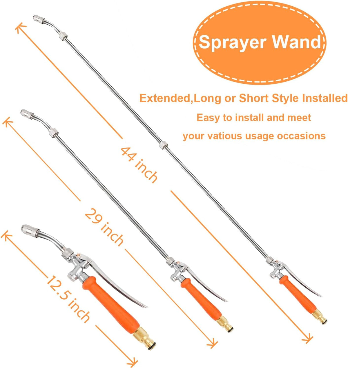 44-Inch All Metal Sprayer Wand with Built-in Shut Valve, 1/4" & 3/8" Brass Barb Sprayer Wand Replacement, Garden Hose Wand Sprayer Watering Wand Suitable for 1/2" & 3/4" Hose Quick Connectors