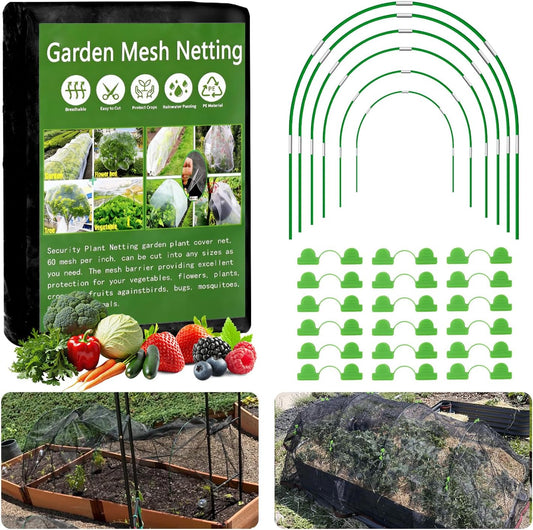 Garden Mesh Netting Kit, 10x30FT Black Ultra Fine Netting & 6 Sets 8FT Fiberglass Garden Hoops, Garden Netting with Frame for Raised Beds, Garden Hoops and Netting for Row Cover, Plant Insect Barrier