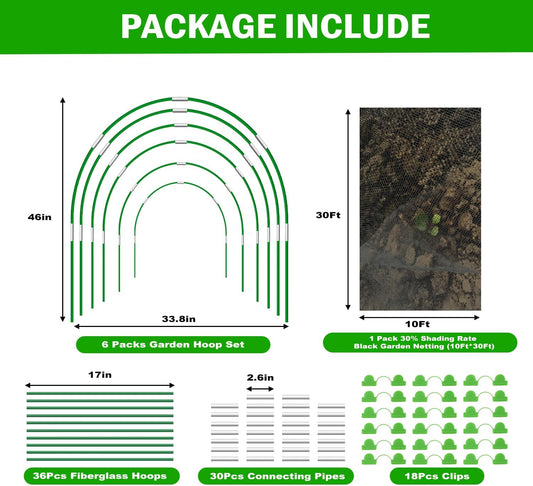 Garden Mesh Netting Kit, 10x30FT Black Ultra Fine Netting & 6 Sets 8FT Fiberglass Garden Hoops, Garden Netting with Frame for Raised Beds, Garden Hoops and Netting for Row Cover, Plant Insect Barrier