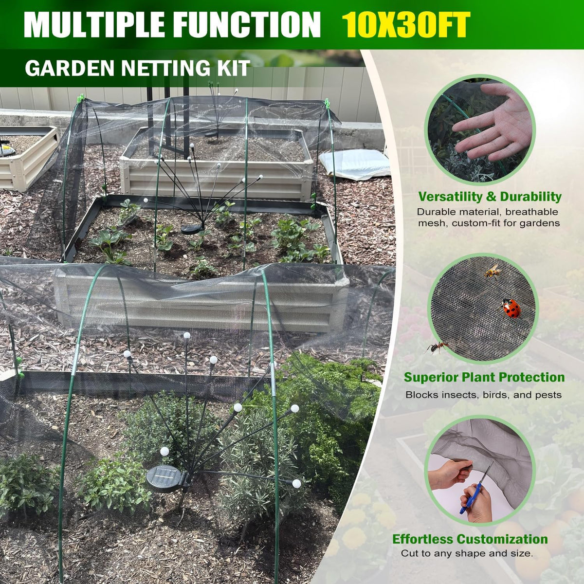 Garden Mesh Netting Kit, 10x30FT Black Ultra Fine Netting & 6 Sets 8FT Fiberglass Garden Hoops, Garden Netting with Frame for Raised Beds, Garden Hoops and Netting for Row Cover, Plant Insect Barrier