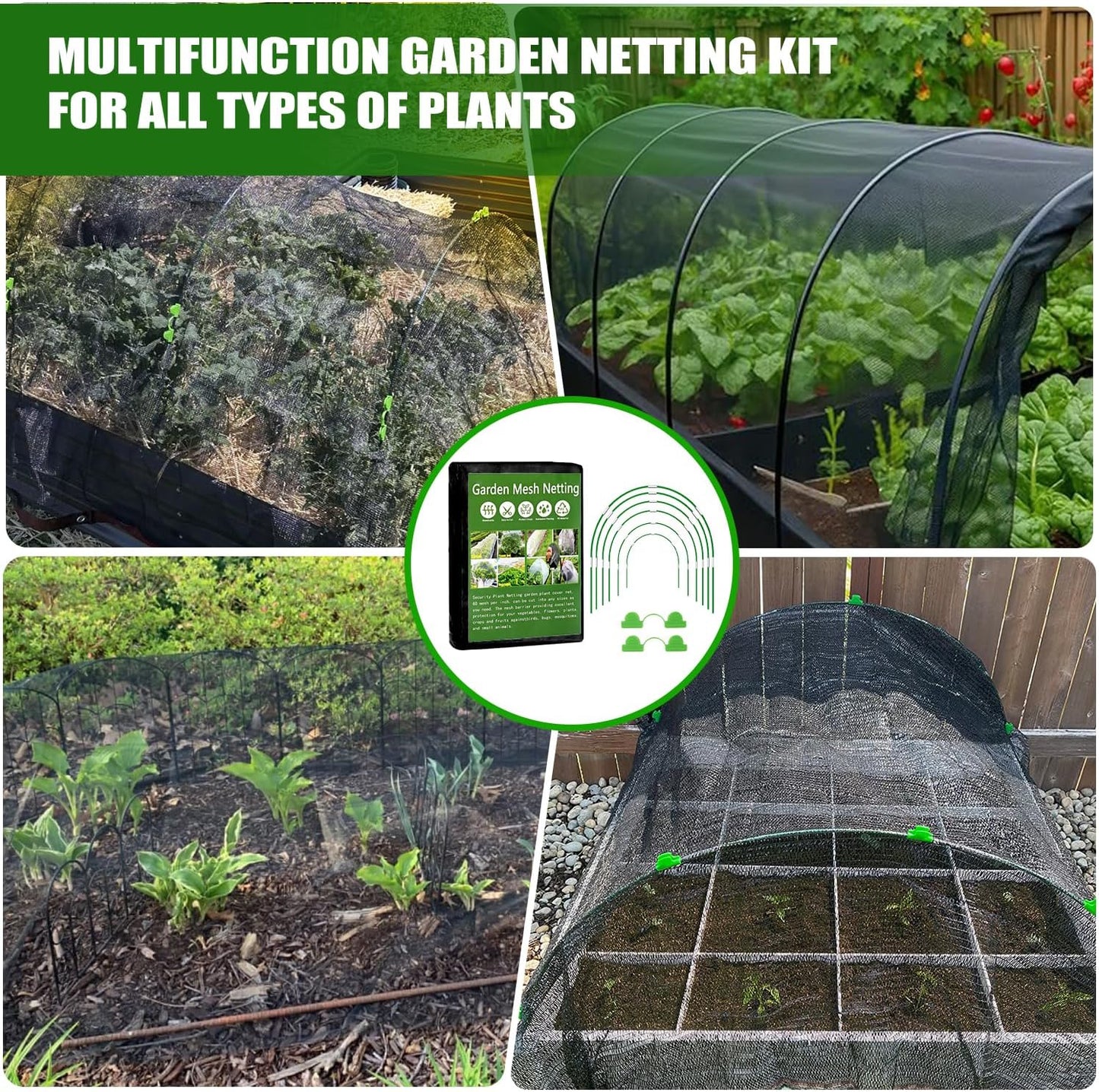Garden Mesh Netting Kit, 10x30FT Black Ultra Fine Netting & 6 Sets 8FT Fiberglass Garden Hoops, Garden Netting with Frame for Raised Beds, Garden Hoops and Netting for Row Cover, Plant Insect Barrier