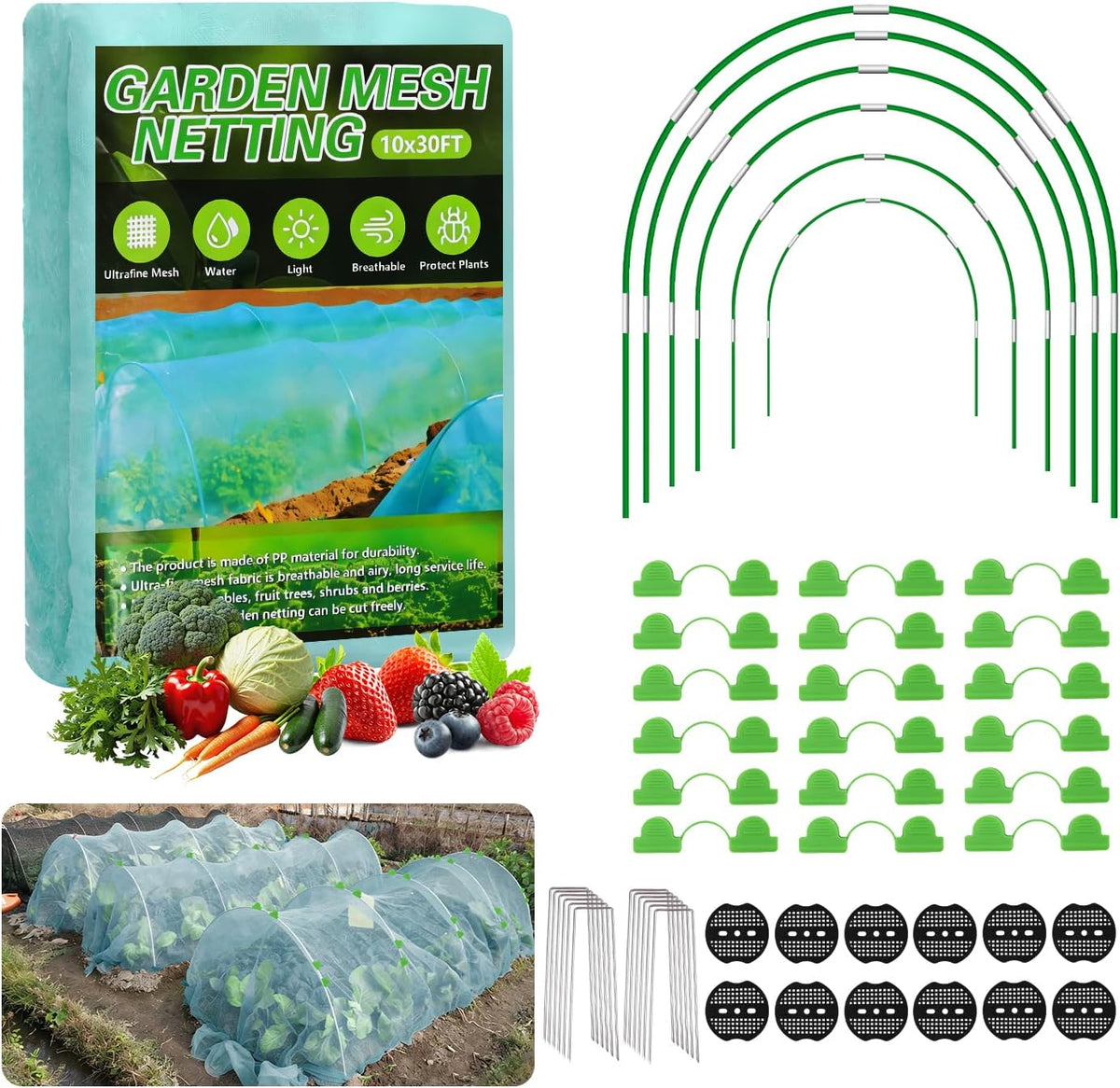 Garden Mesh Netting Kit, 10x30FT Black Ultra Fine Netting & 6 Sets 8FT Fiberglass Garden Hoops, Garden Netting with Frame for Raised Beds, Garden Hoops and Netting for Row Cover, Plant Insect Barrier