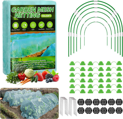 Garden Mesh Netting Kit, 10x30FT Black Ultra Fine Netting & 6 Sets 8FT Fiberglass Garden Hoops, Garden Netting with Frame for Raised Beds, Garden Hoops and Netting for Row Cover, Plant Insect Barrier