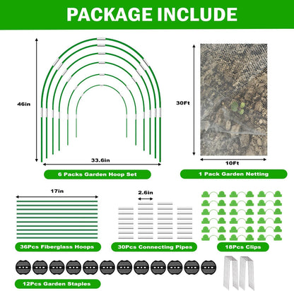 Garden Mesh Netting Kit, 10x30FT Black Ultra Fine Netting & 6 Sets 8FT Fiberglass Garden Hoops, Garden Netting with Frame for Raised Beds, Garden Hoops and Netting for Row Cover, Plant Insect Barrier