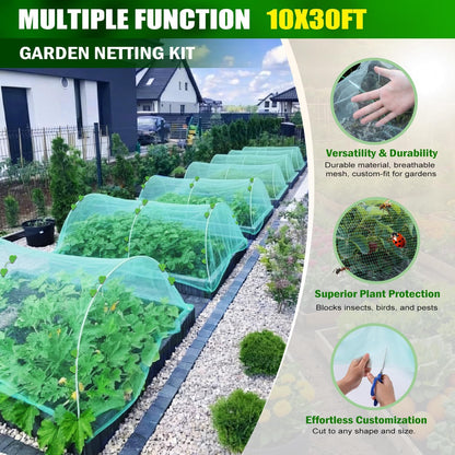Garden Mesh Netting Kit, 10x30FT Black Ultra Fine Netting & 6 Sets 8FT Fiberglass Garden Hoops, Garden Netting with Frame for Raised Beds, Garden Hoops and Netting for Row Cover, Plant Insect Barrier