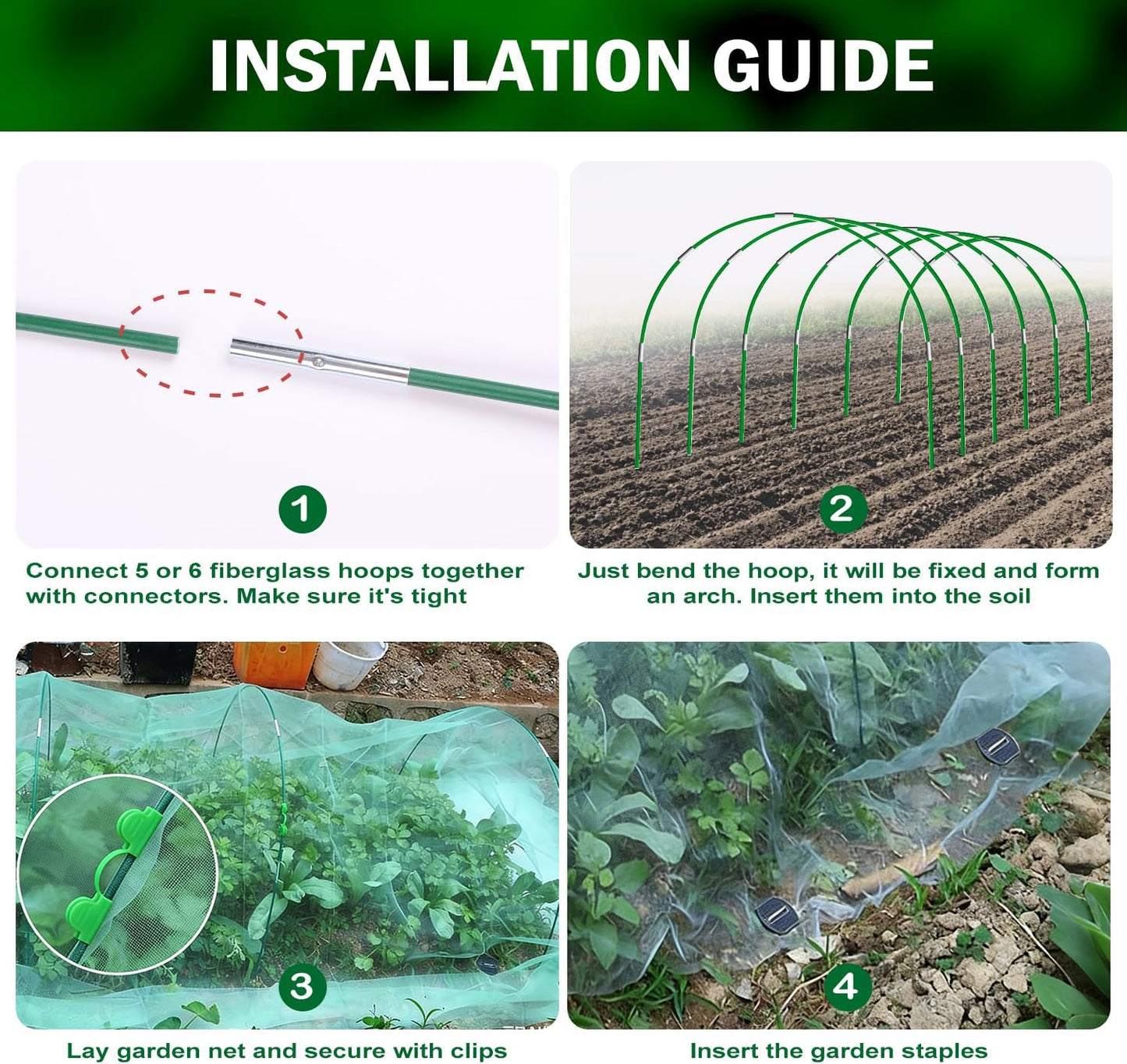 Garden Mesh Netting Kit, 10x30FT Black Ultra Fine Netting & 6 Sets 8FT Fiberglass Garden Hoops, Garden Netting with Frame for Raised Beds, Garden Hoops and Netting for Row Cover, Plant Insect Barrier