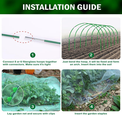 Garden Mesh Netting Kit, 10x30FT Black Ultra Fine Netting & 6 Sets 8FT Fiberglass Garden Hoops, Garden Netting with Frame for Raised Beds, Garden Hoops and Netting for Row Cover, Plant Insect Barrier