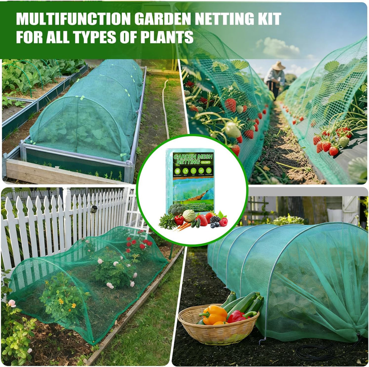 Garden Mesh Netting Kit, 10x30FT Black Ultra Fine Netting & 6 Sets 8FT Fiberglass Garden Hoops, Garden Netting with Frame for Raised Beds, Garden Hoops and Netting for Row Cover, Plant Insect Barrier