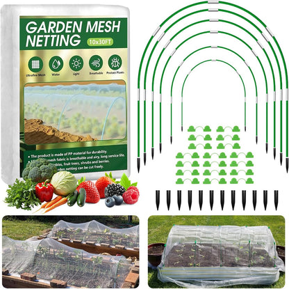 Garden Mesh Netting Kit, 10x30FT Black Ultra Fine Netting & 6 Sets 8FT Fiberglass Garden Hoops, Garden Netting with Frame for Raised Beds, Garden Hoops and Netting for Row Cover, Plant Insect Barrier